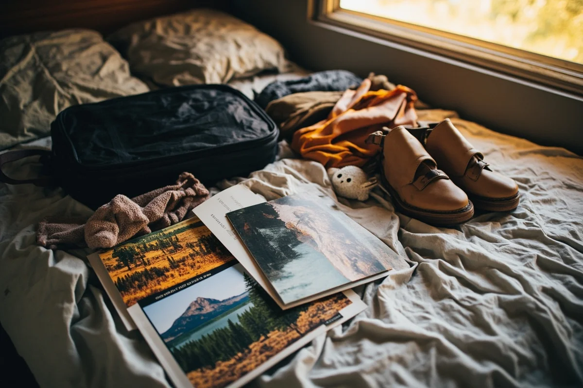 Packing list items organized on bed showing seasonal variations with Montana travel book