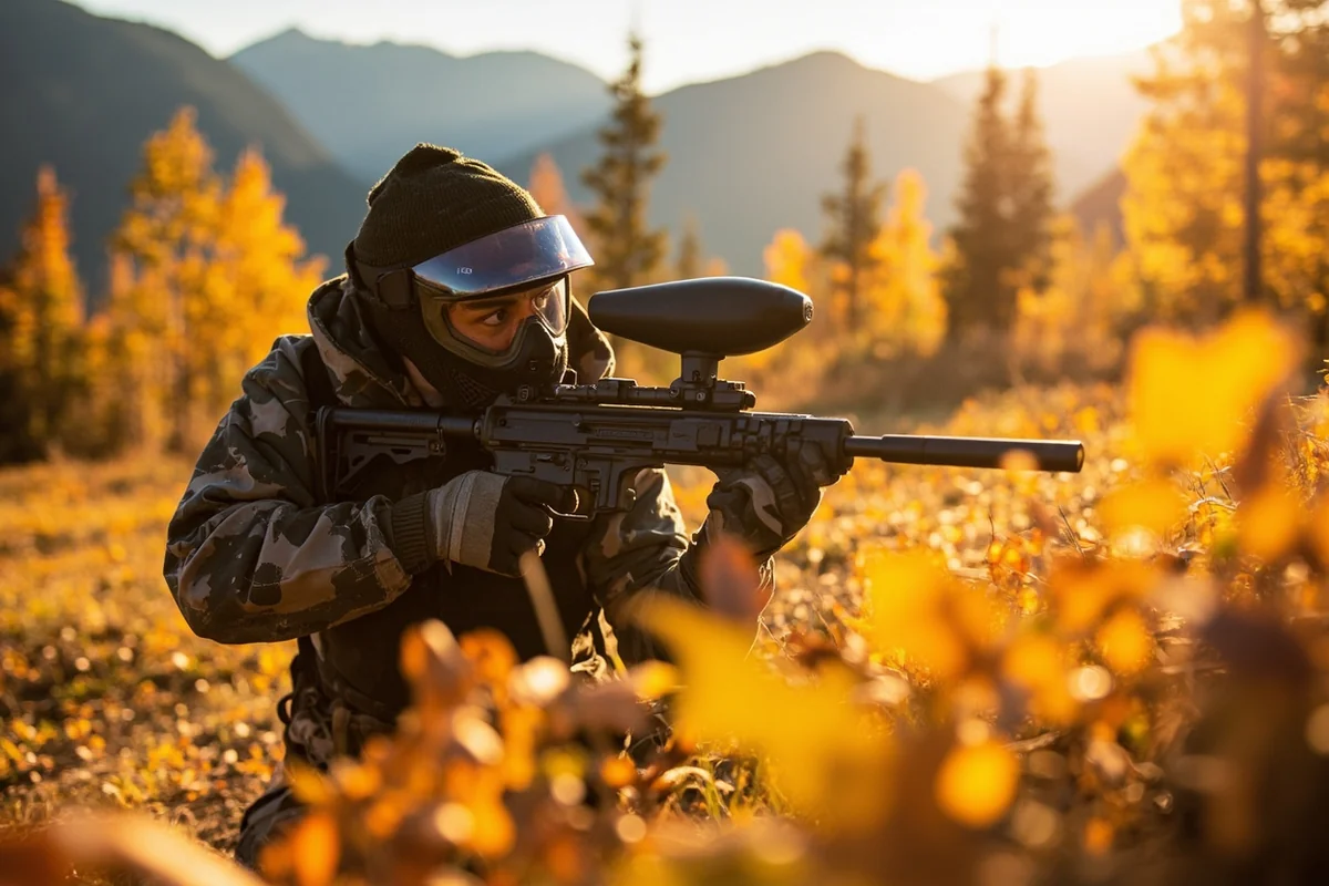 Paintball player in autumn gear navigating through golden fall foliage on a Montana woodsball course with mountains visible in background