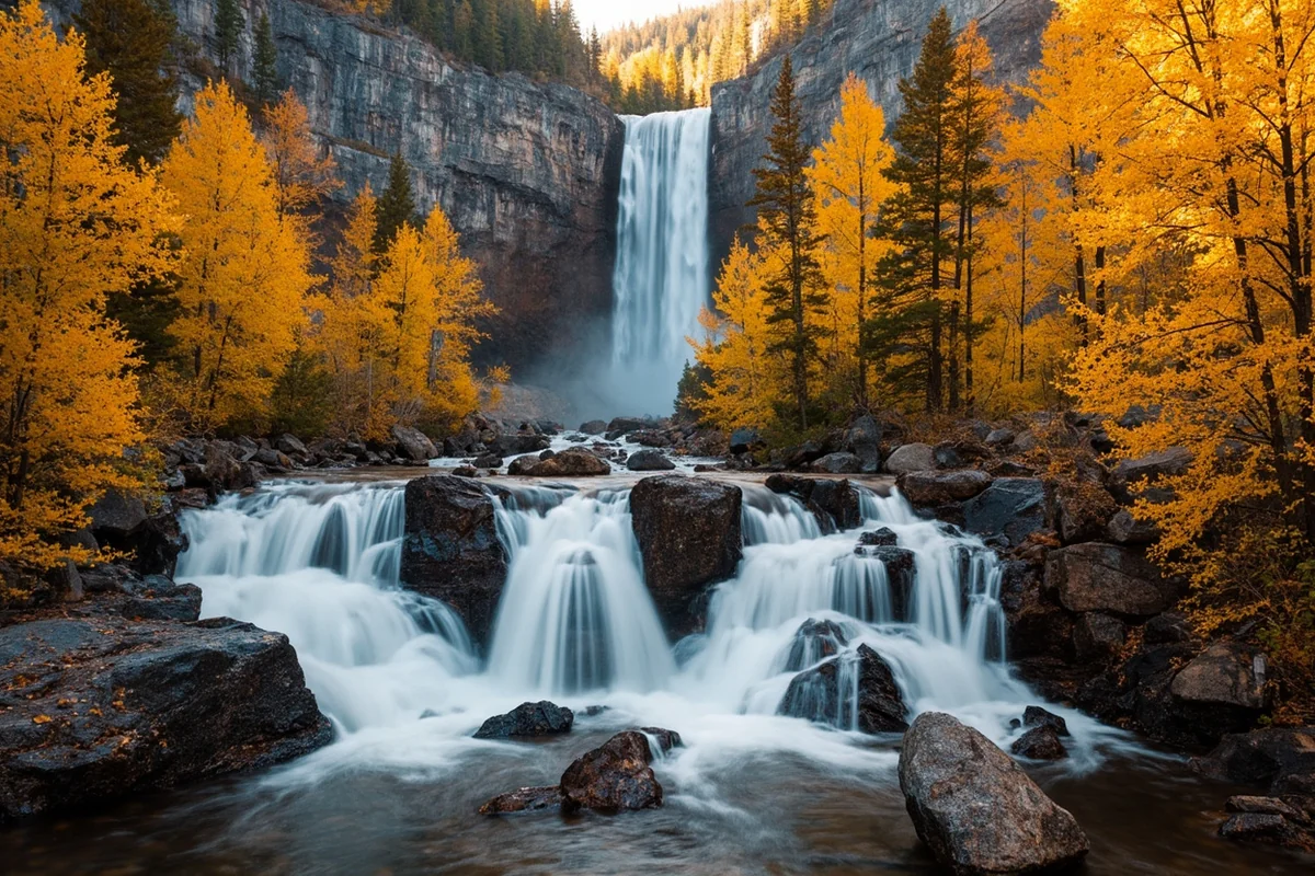 Palisade Falls in autumn with golden aspen trees and fall foliage