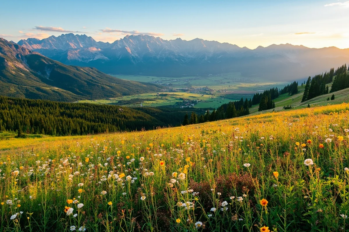 Panoramic Montana landscape showing mountains, meadows, and wildflowers in early summer light