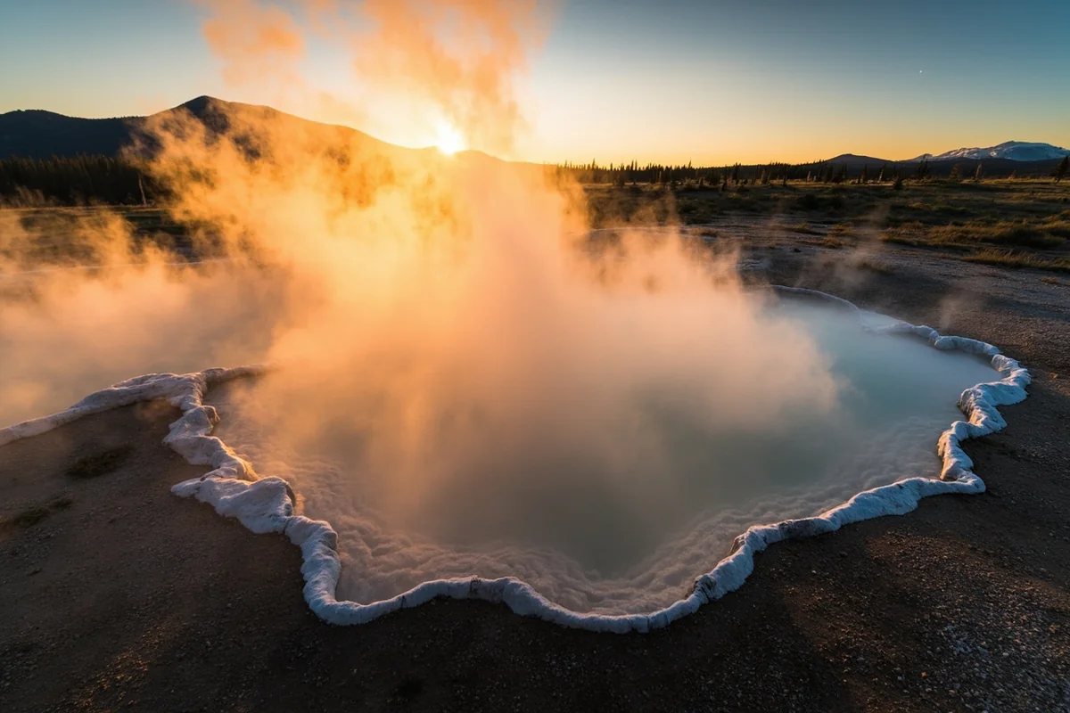 Panoramic shot of steam rising from a natural Montana hot spring with mountain backdrop at sunrise