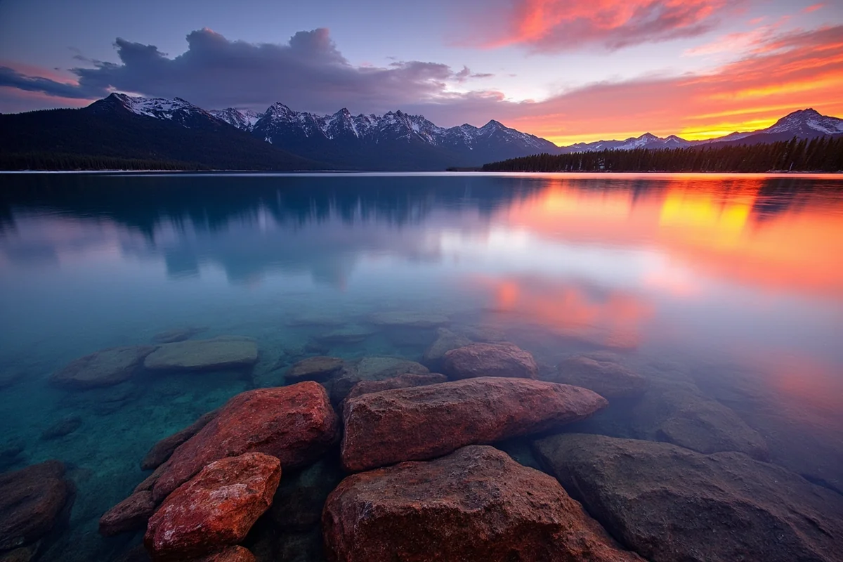 Panoramic sunrise over Lake McDonald with colorful rocks visible beneath crystal-clear water and mountains in background