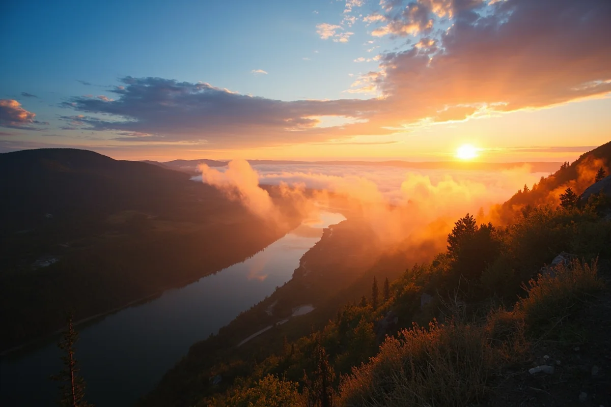 Panoramic sunrise view over the Gallatin River valley with mist rising from the water