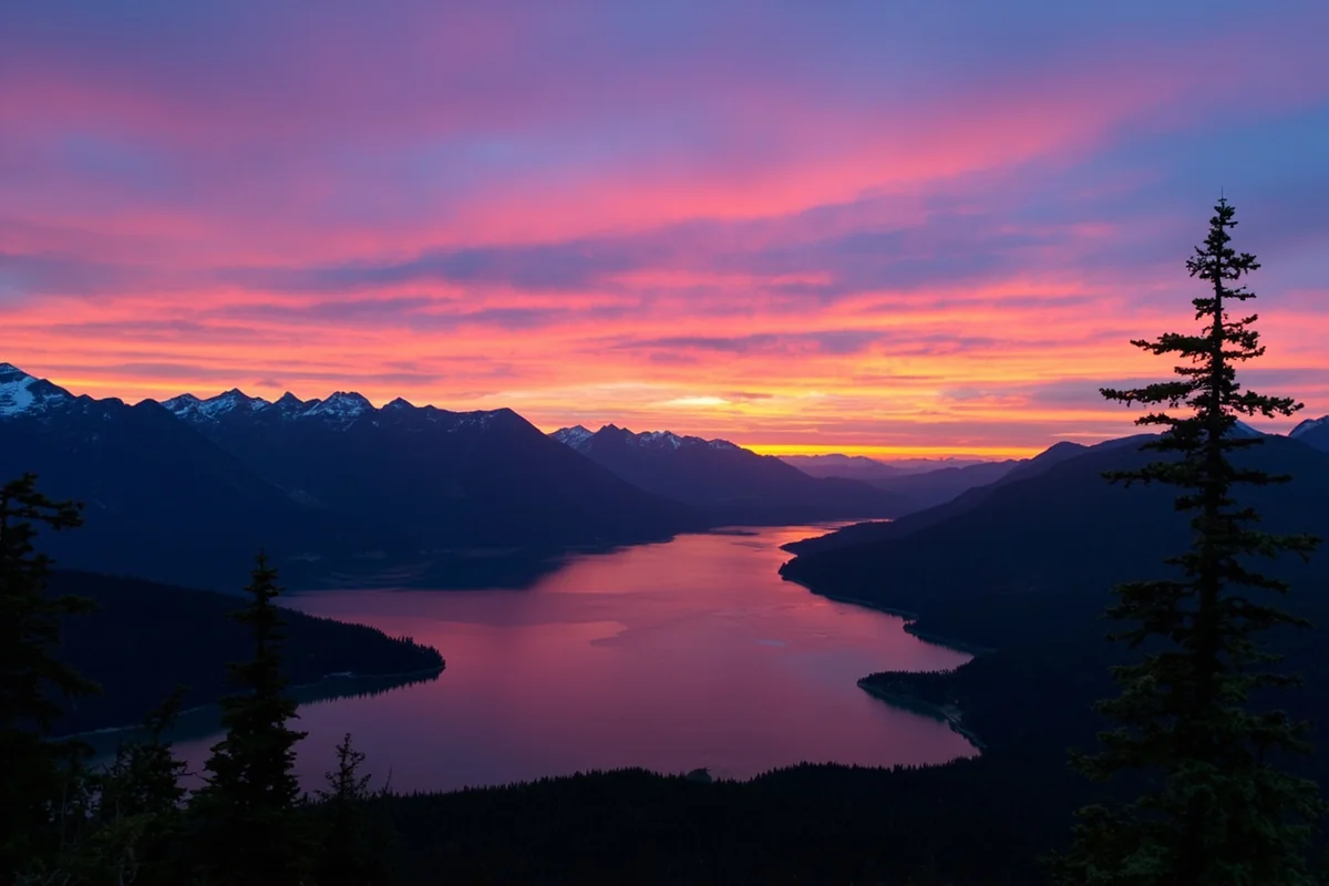 Panoramic sunset view from Hidden Lake Overlook in Glacier National Park with mountain silhouettes