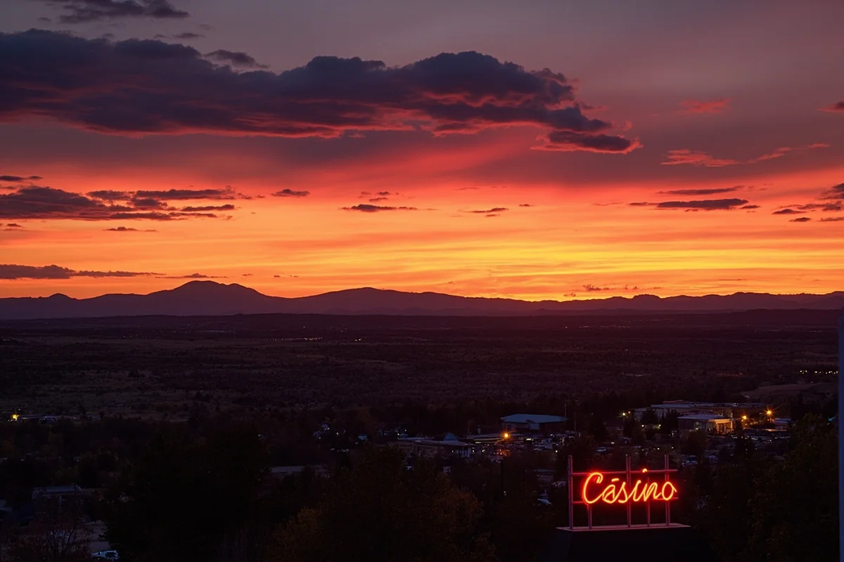 Panoramic sunset view of Montana landscape with small-town casino neon sign glowing in the foreground