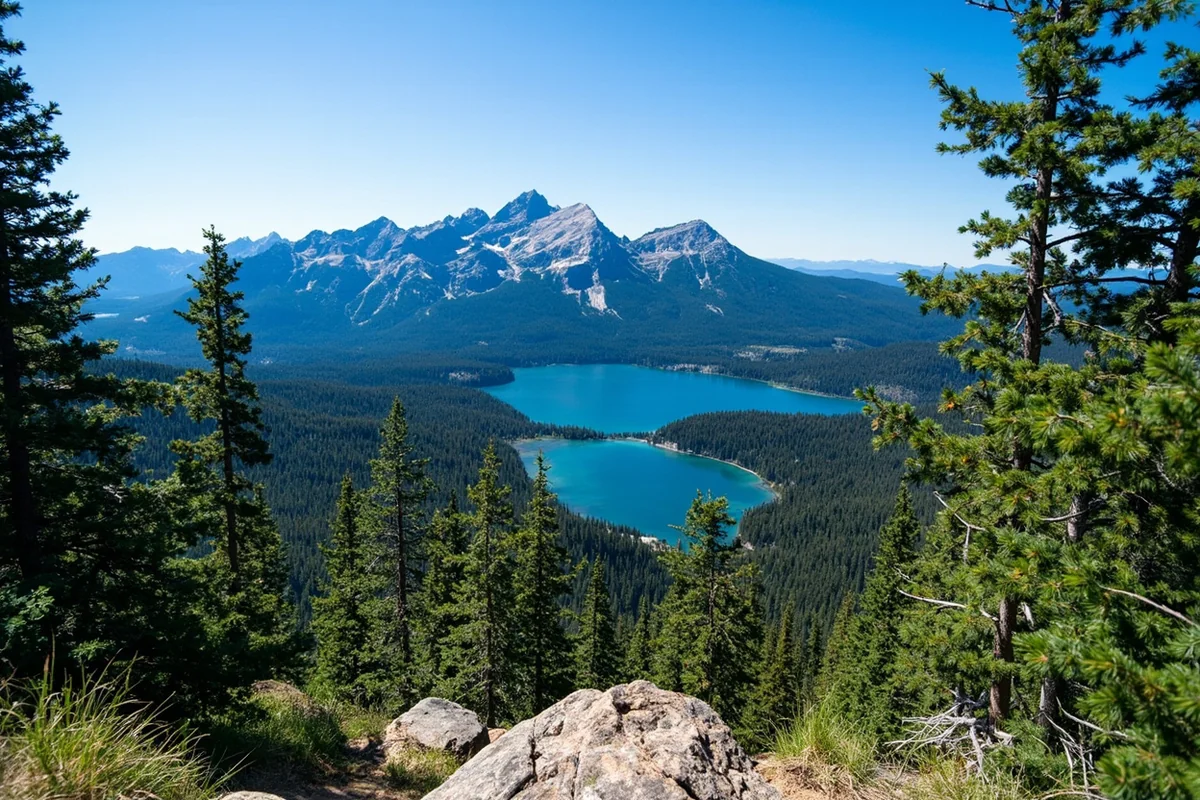 Panoramic view from Holland Lake Falls trail showing Holland Lake below, surrounding forested peaks, and clear blue sky