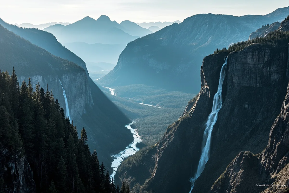 Panoramic view from Logan Pass area showing multiple distant waterfalls on mountainsides