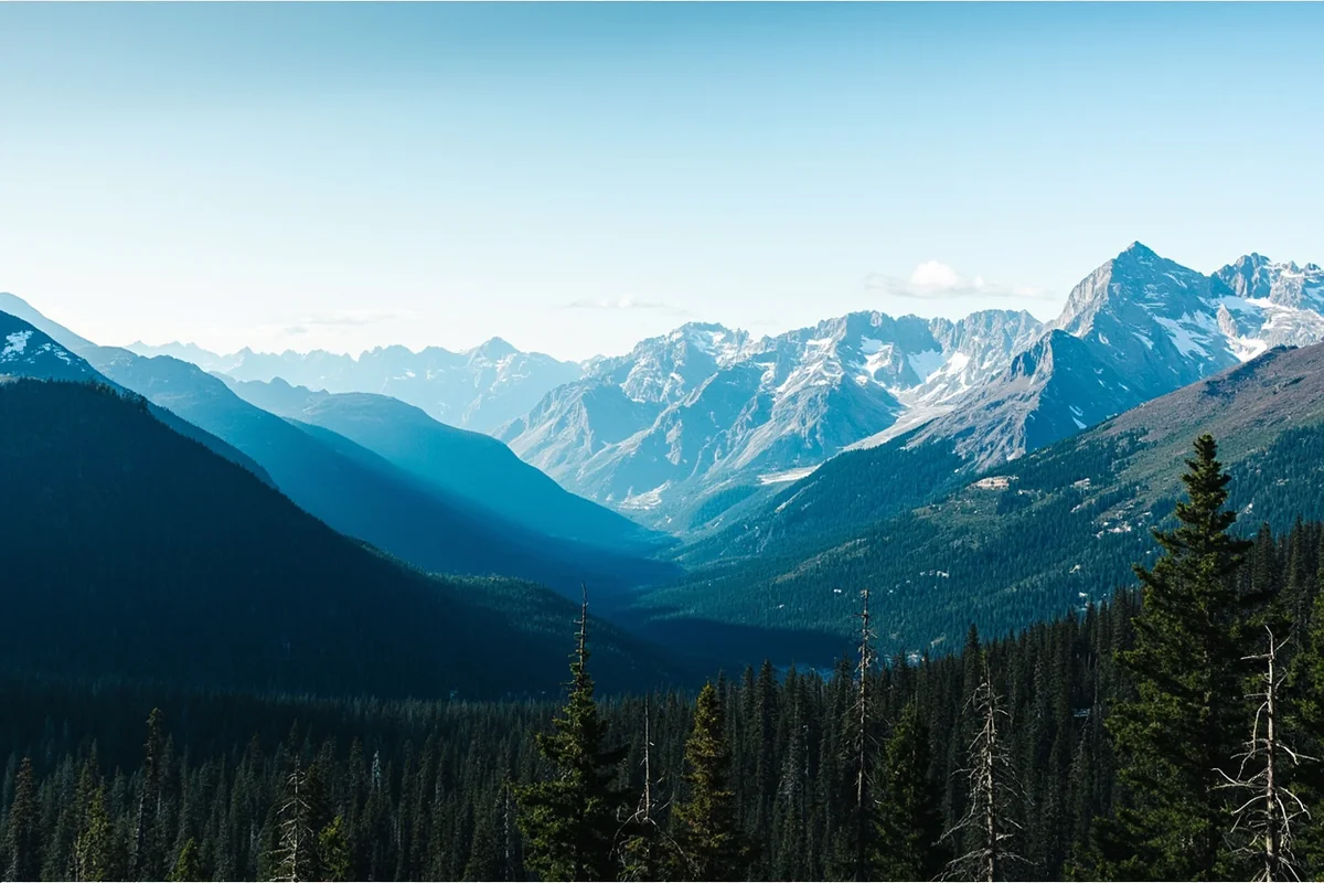 Panoramic view from Logan Pass showing mountain peaks transitioning to forested valleys