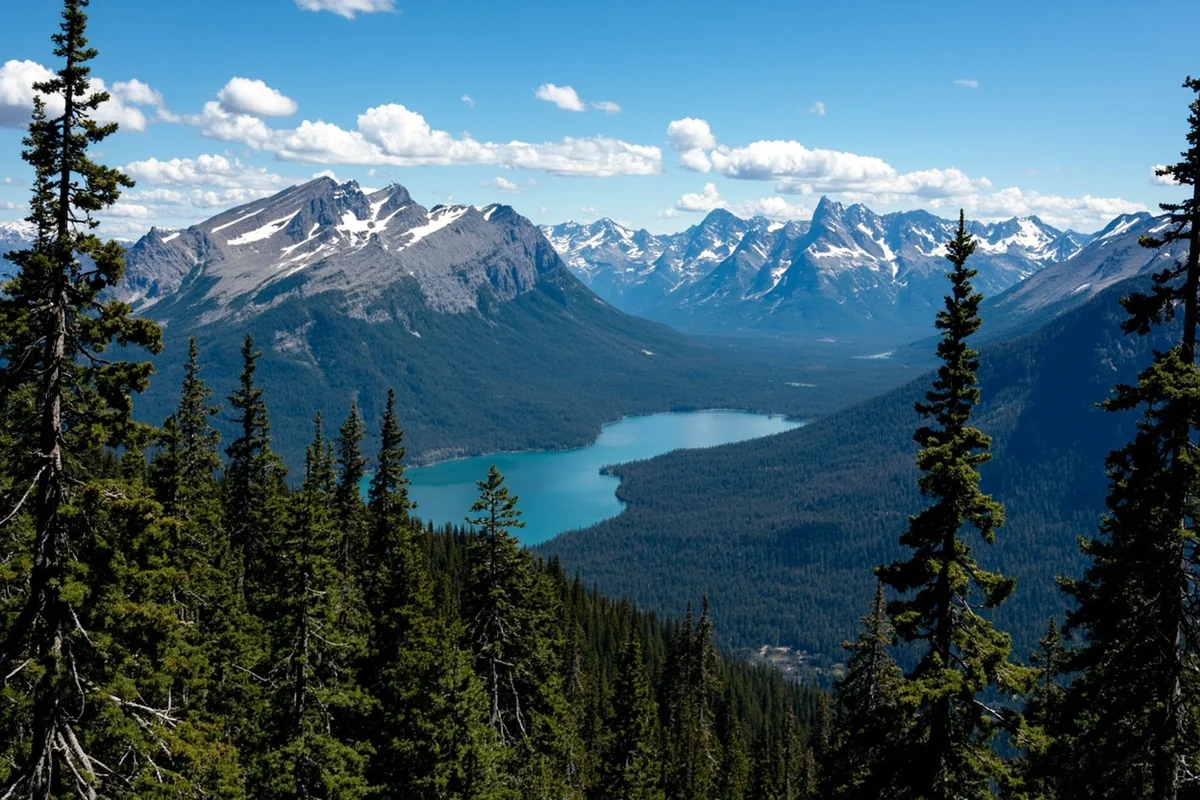 Panoramic view from Piegan Falls area showing surrounding Glacier National Park peaks