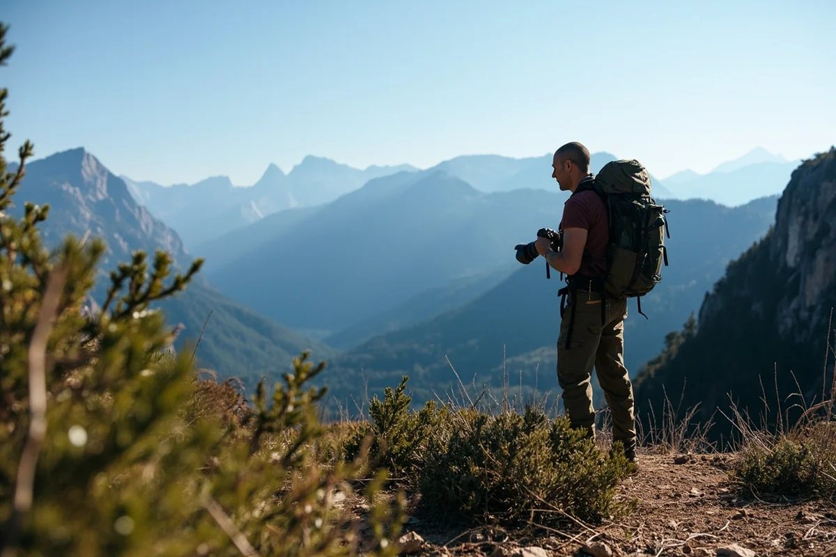 Panoramic view from the trail showing distant mountain peaks and forest landscape