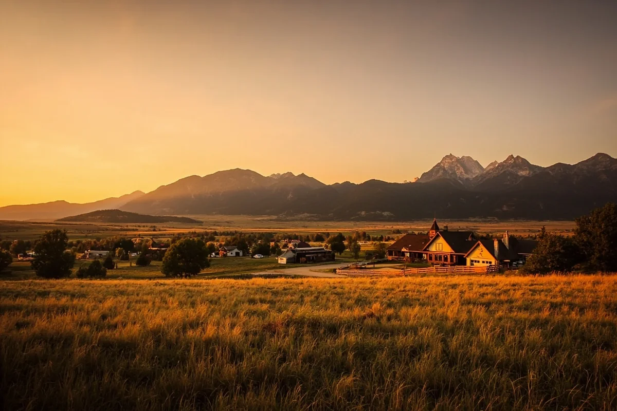 Panoramic view of a luxury Montana ranch with mountain backdrop at sunset