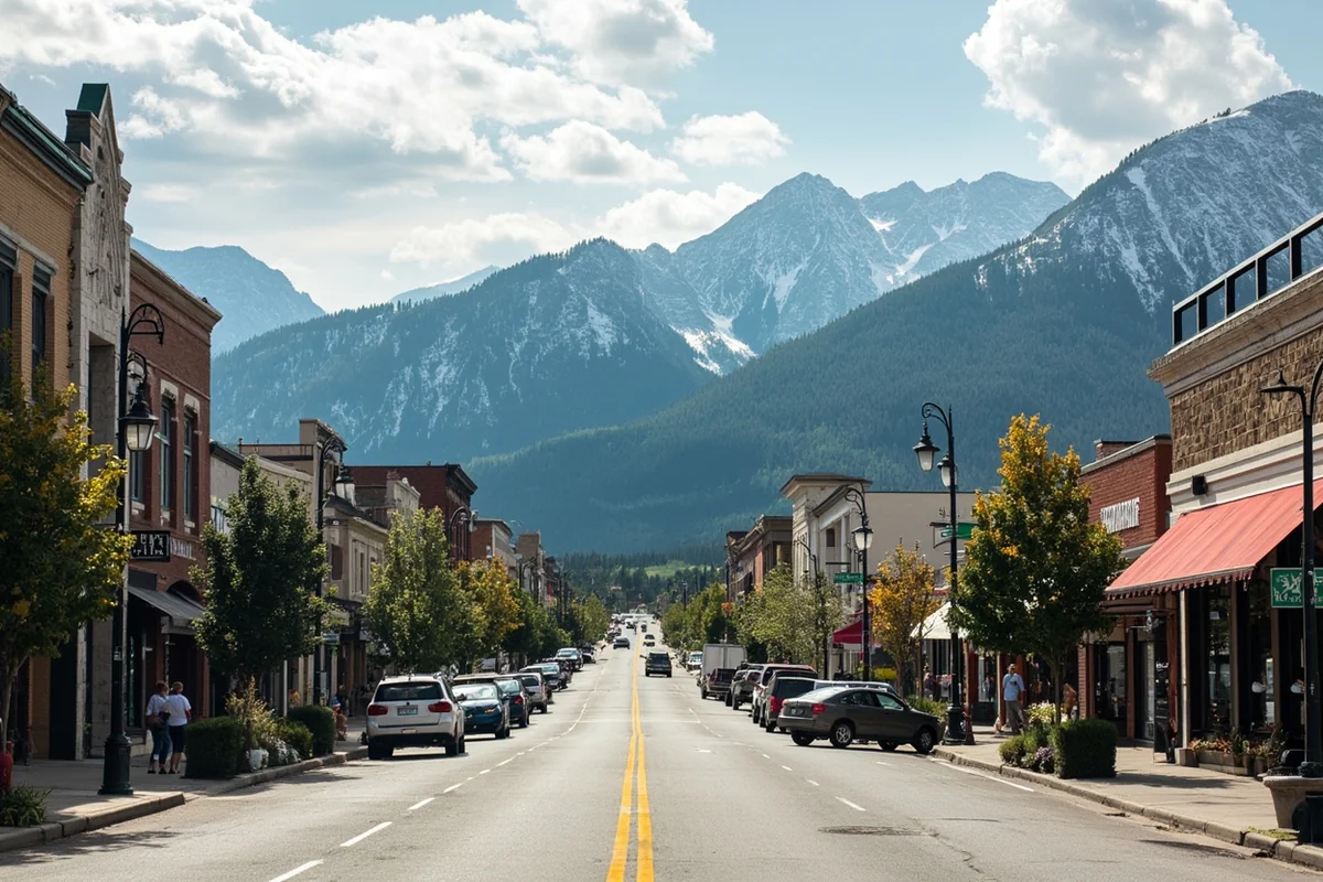 Panoramic view of a Montana main street showing local businesses and mountain backdrop