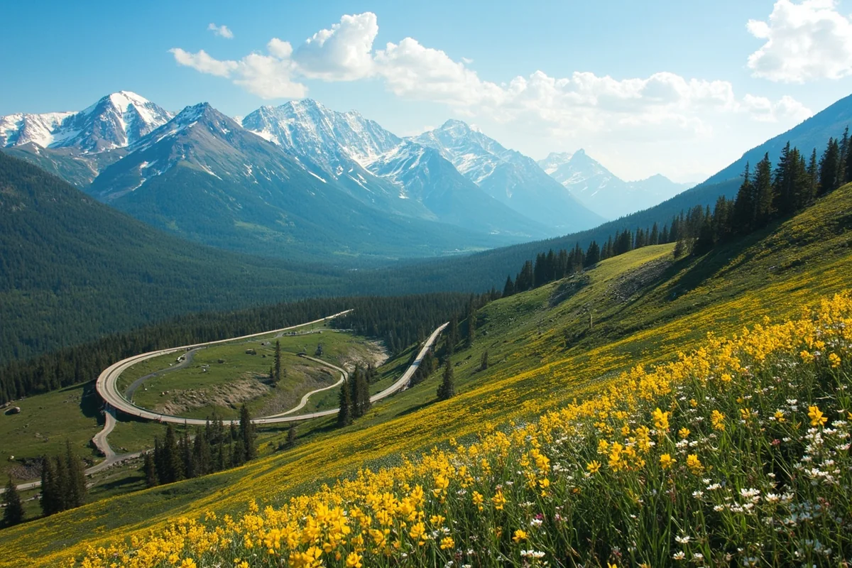 Panoramic view of Beartooth Highway with wildflower-covered slopes