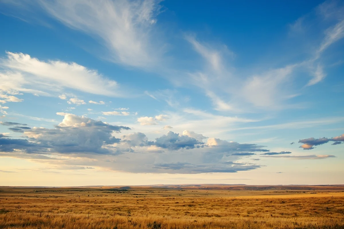 Panoramic view of Big Sky Country with endless horizon and dramatic clouds over golden prairie
