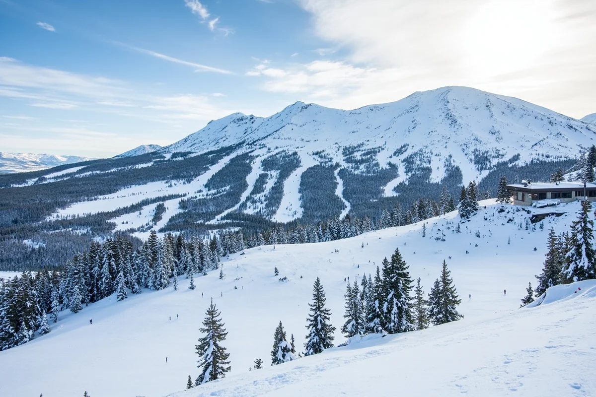 Panoramic view of Big Sky Resort with Lone Peak in background, fresh powder covering the slopes