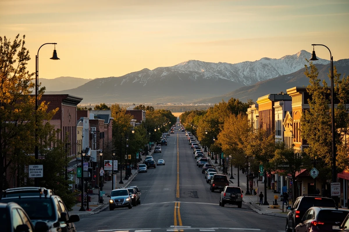 Panoramic view of Bozeman's Main Street with the Bridger Mountains in the background during golden hour