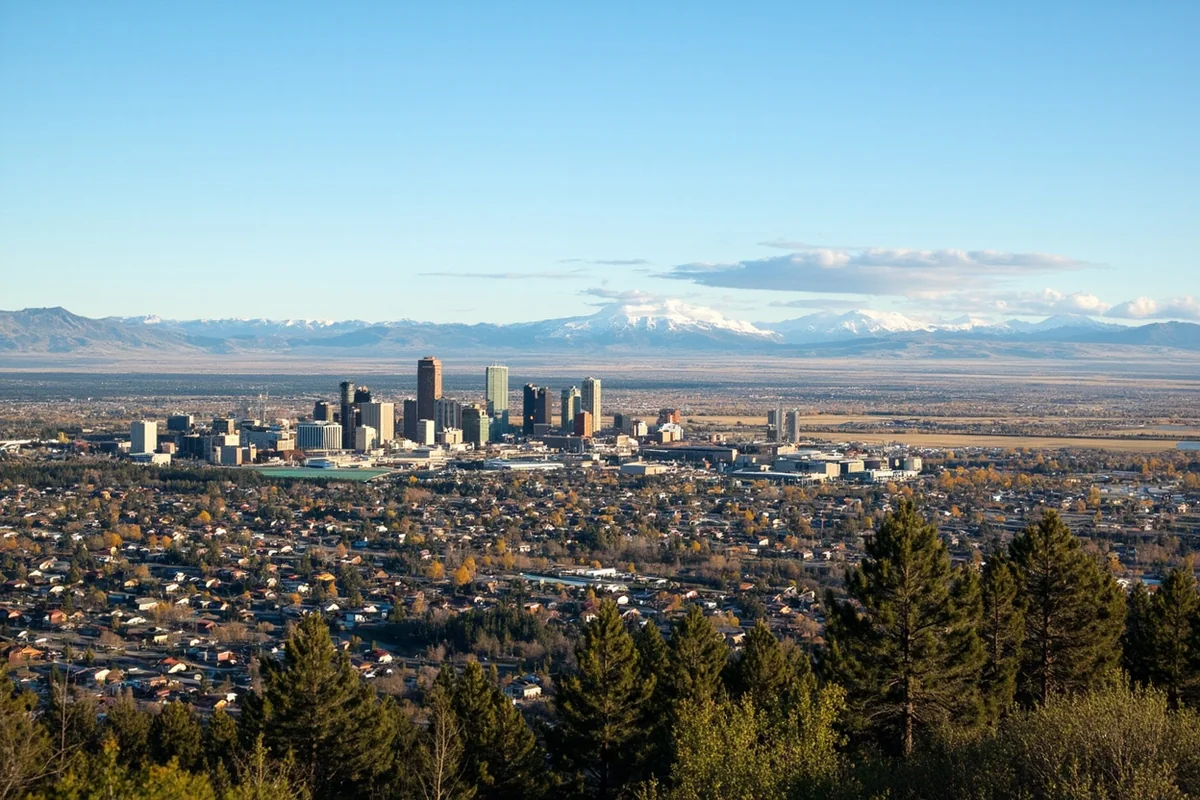 Panoramic view of Bozeman with the Bridger Mountains in background, showing mix of residential neighborhoods and downtown