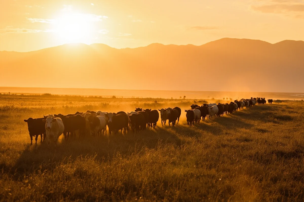 Panoramic view of cattle herd moving across Montana grassland with mountains in background at sunrise