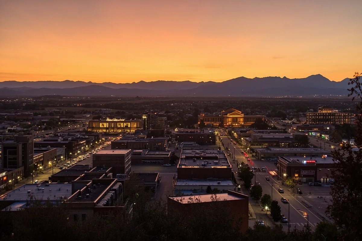 Panoramic view of downtown Billings, Montana at sunset with the Rimrocks visible in the background