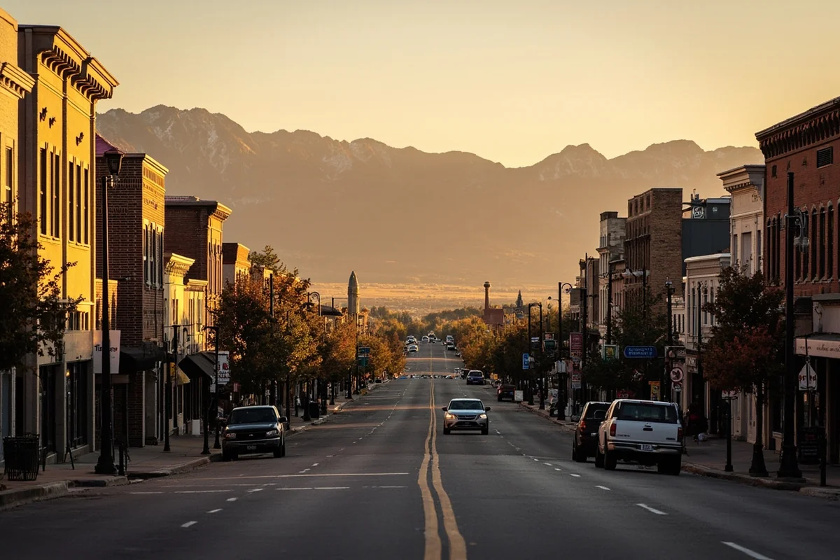 Panoramic view of downtown Bozeman's Main Street with the Bridger Mountains in the background during golden hour
