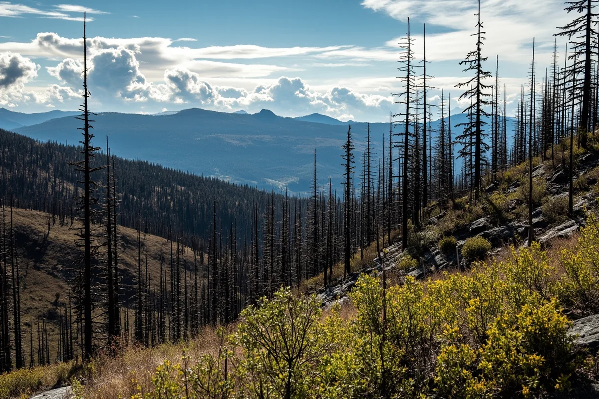 Panoramic view of fire-scarred forest in the Bitterroot Valley with new growth emerging