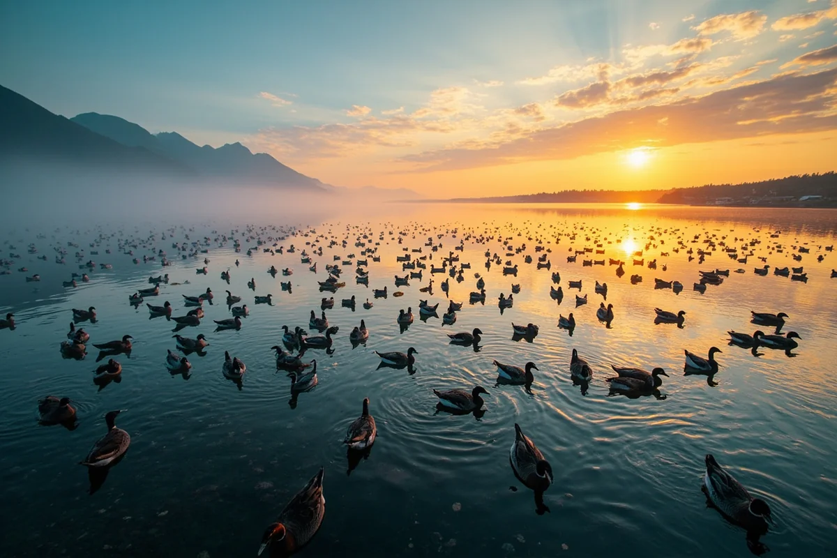 Panoramic view of Freezout Lake at sunrise with thousands of ducks on the water
