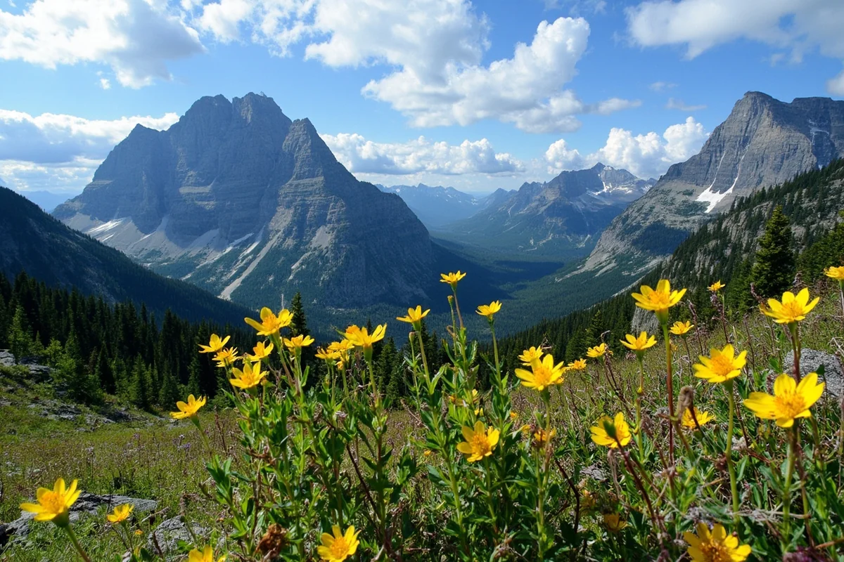 Panoramic view of Glacier National Park mountains with alpine wildflowers in foreground during summer
