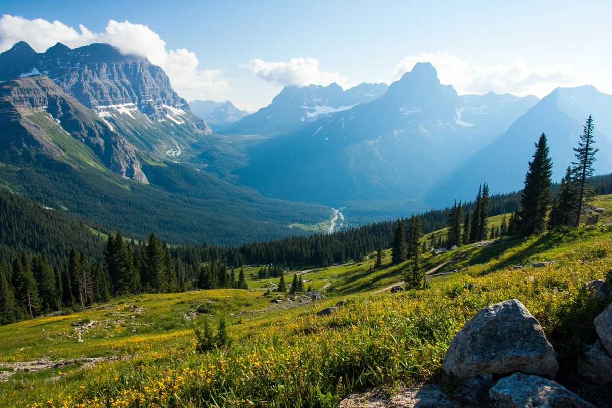 Panoramic view of Glacier National Park's Going-to-the-Sun Road with mountain peaks and alpine meadows