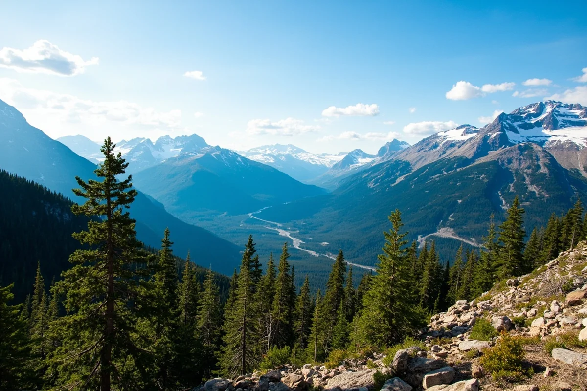 Panoramic view of Glacier National Park's Going-to-the-Sun Road in summer with snow-capped peaks