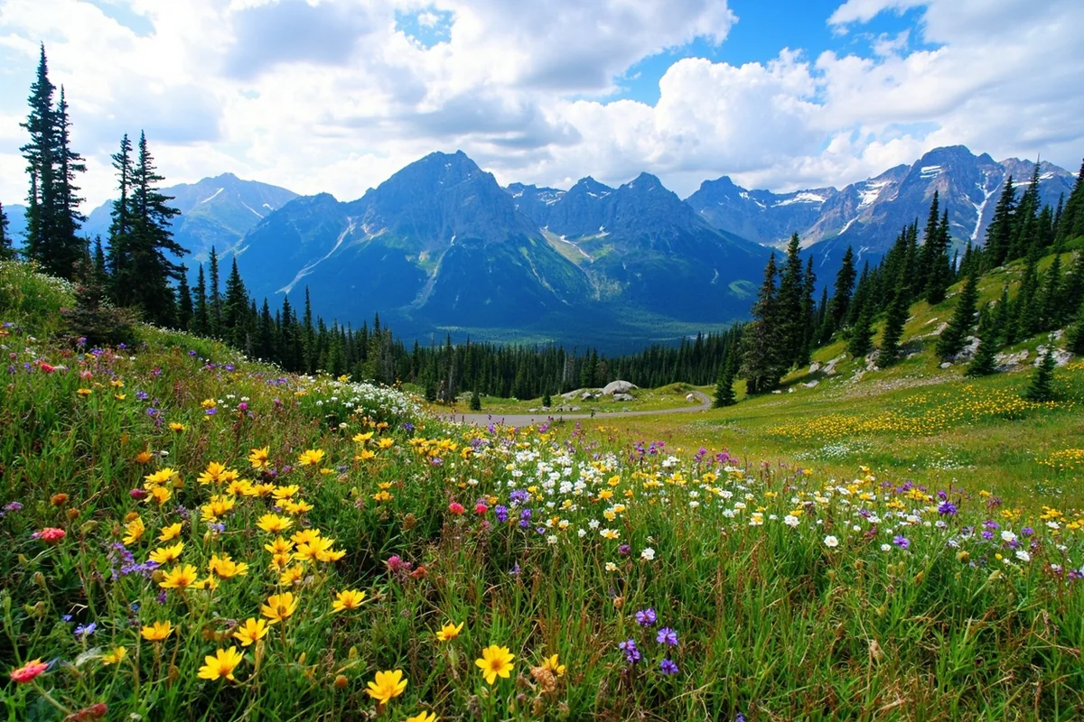 Panoramic view of Glacier National Park's Going-to-the-Sun Road with wildflowers in full bloom and mountain peaks in the background