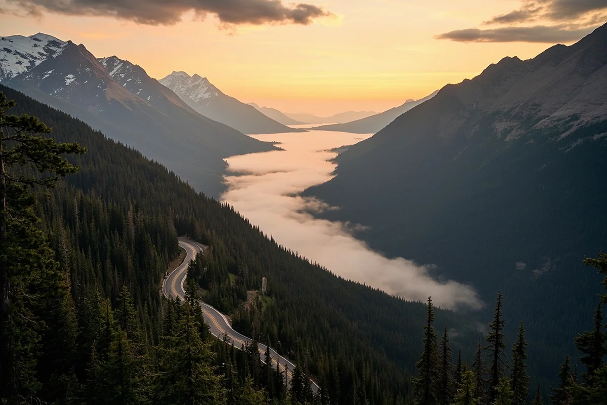 Panoramic view of Glacier National Park's Going-to-the-Sun Road at sunrise with morning mist in the valley