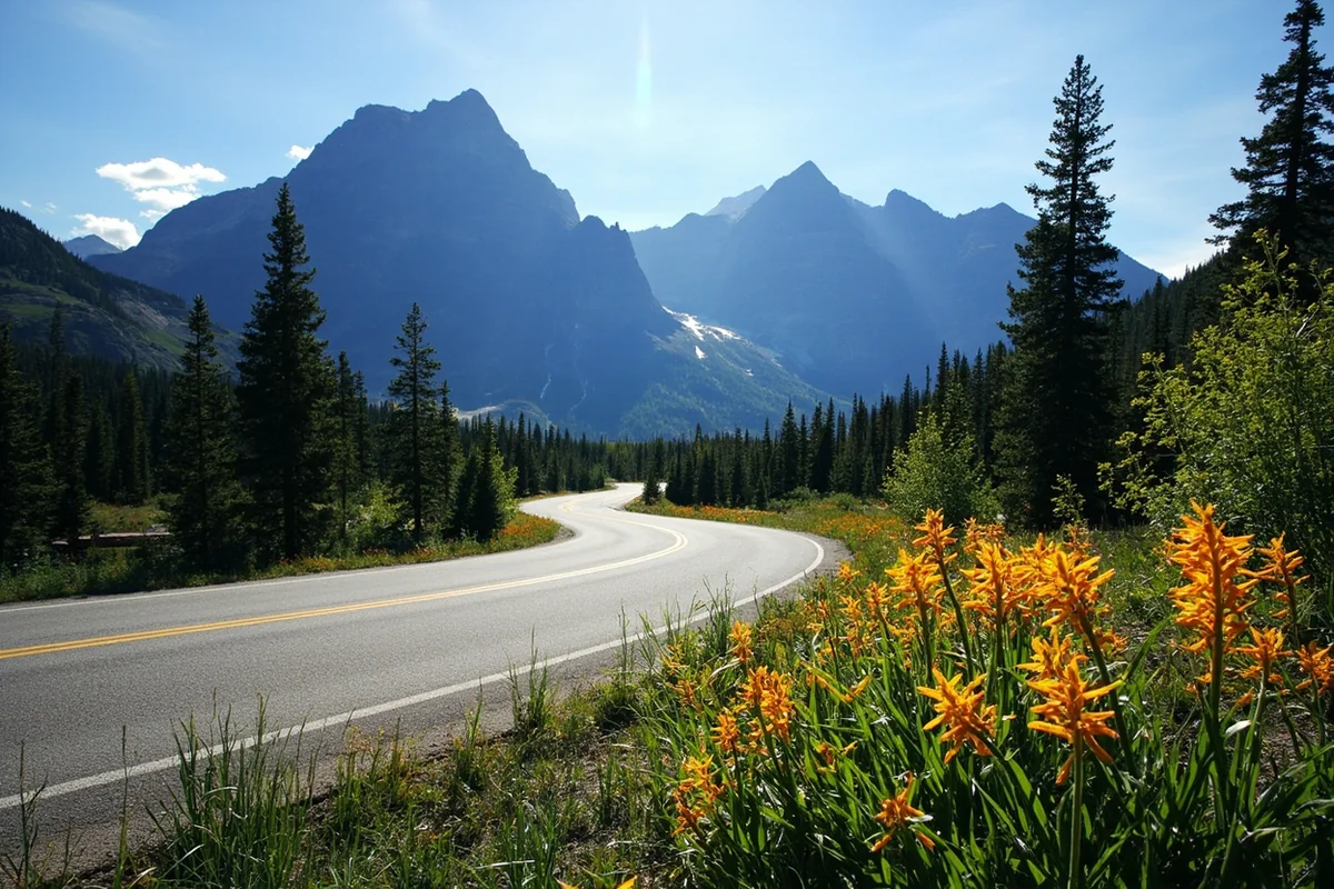 Panoramic view of Glacier National Park's Going-to-the-Sun Road with mountains and wildflowers