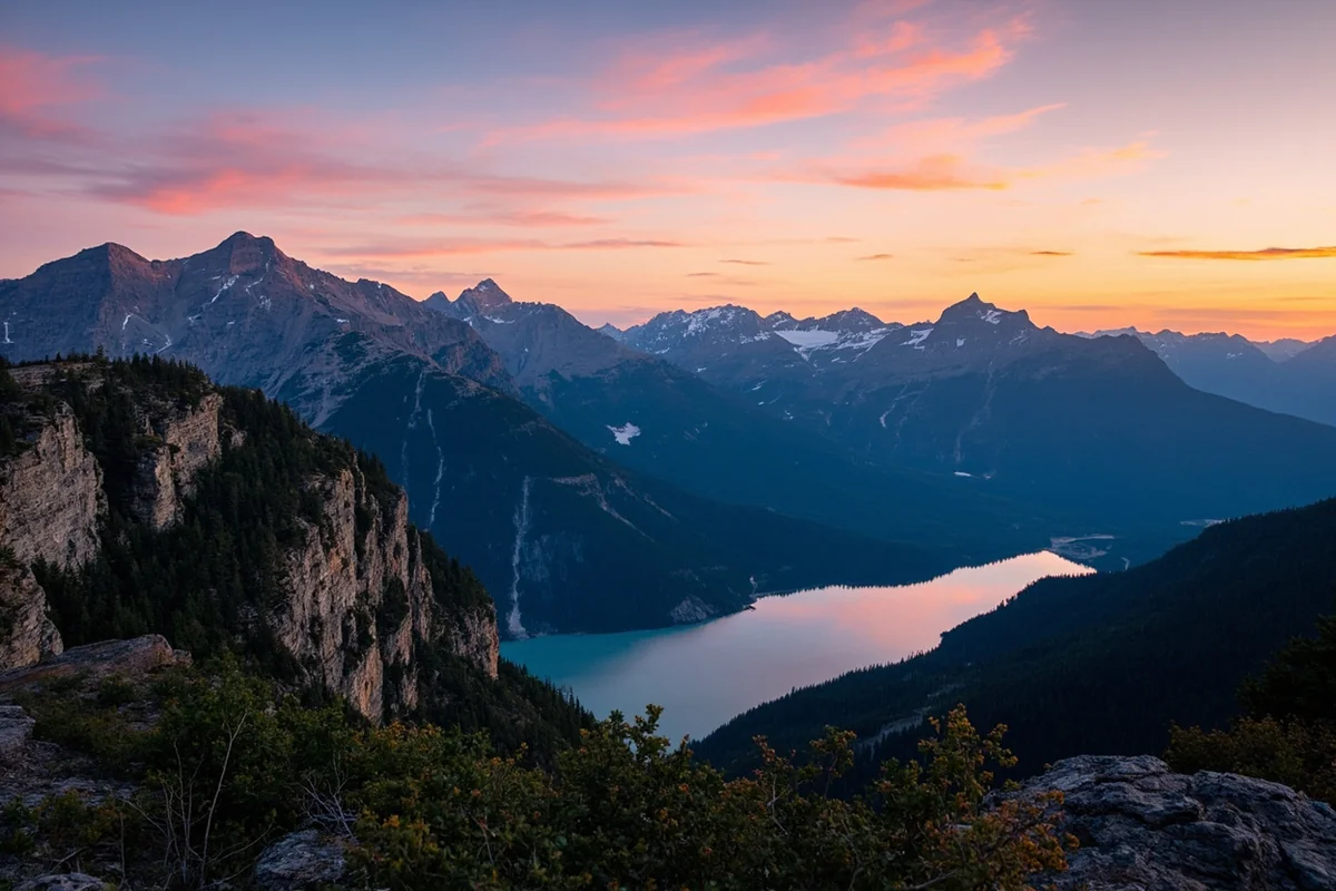 Panoramic view of Glacier National Park's Many Glacier Valley at sunrise, showing Grinnell Point and Swiftcurrent Lake
