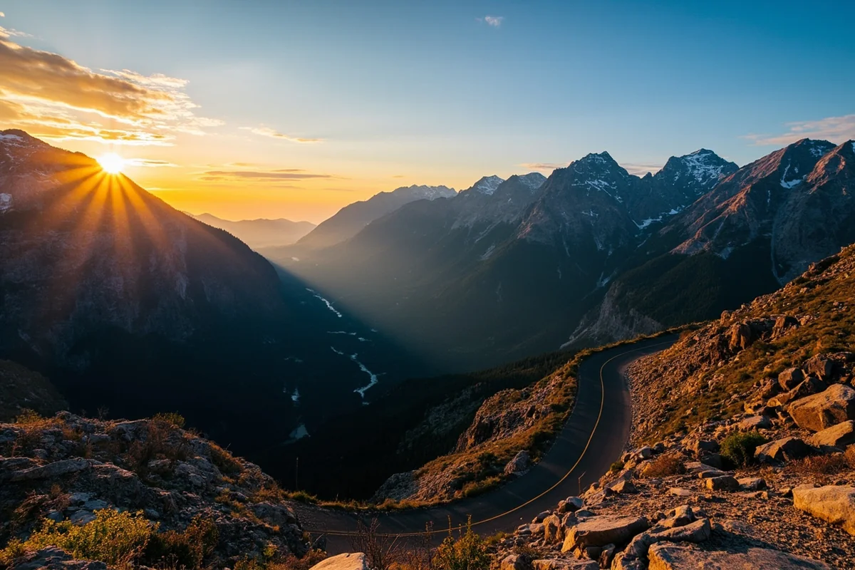 Panoramic view of Going-to-the-Sun Road at sunrise with mountain peaks in background