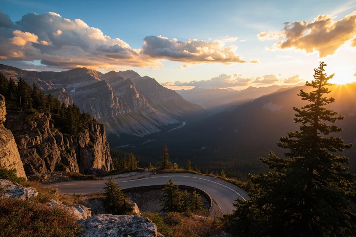 Panoramic view of Going-to-the-Sun Road at sunrise with mountain peaks in background