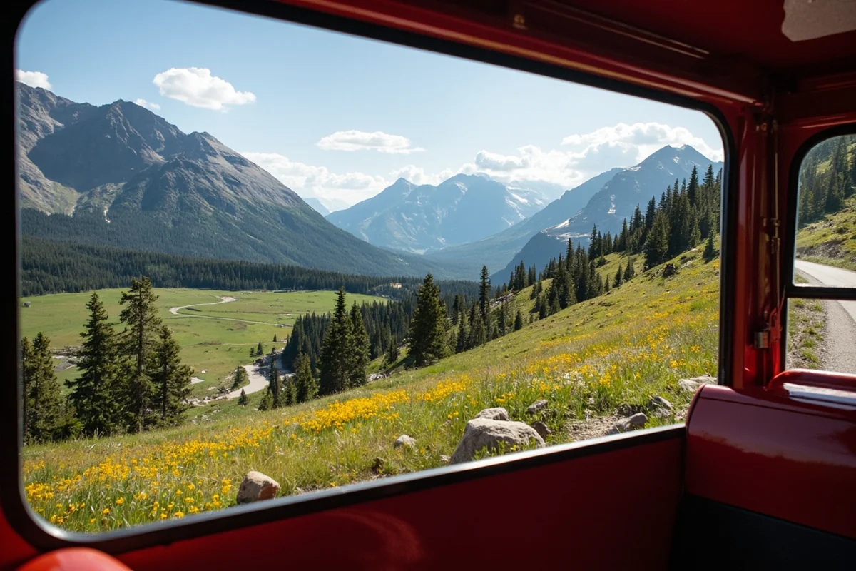 Panoramic view of Going-to-the-Sun Road from a vintage Red Bus tour, showing mountains and alpine meadows