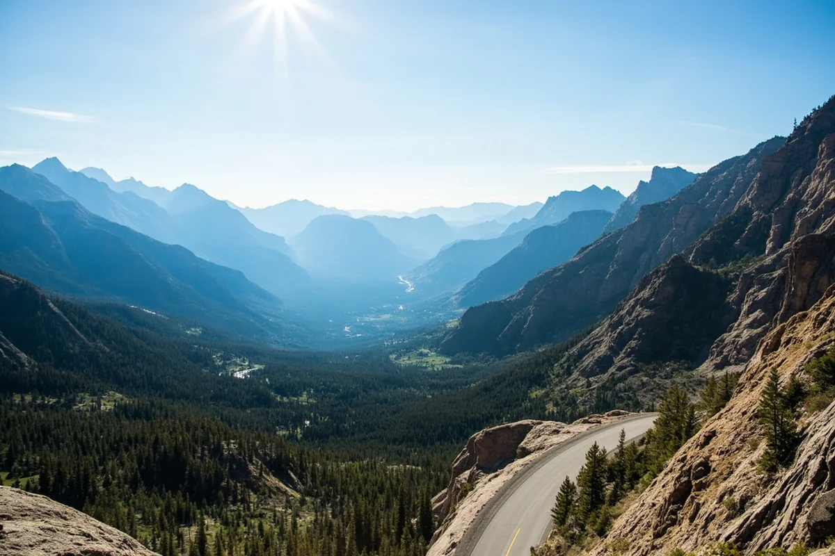 Panoramic view of Going-to-the-Sun Road with mountains stretching to the horizon