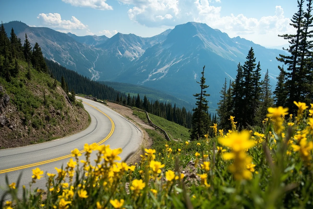Panoramic view of Going-to-the-Sun Road with summer wildflowers and mountain backdrop