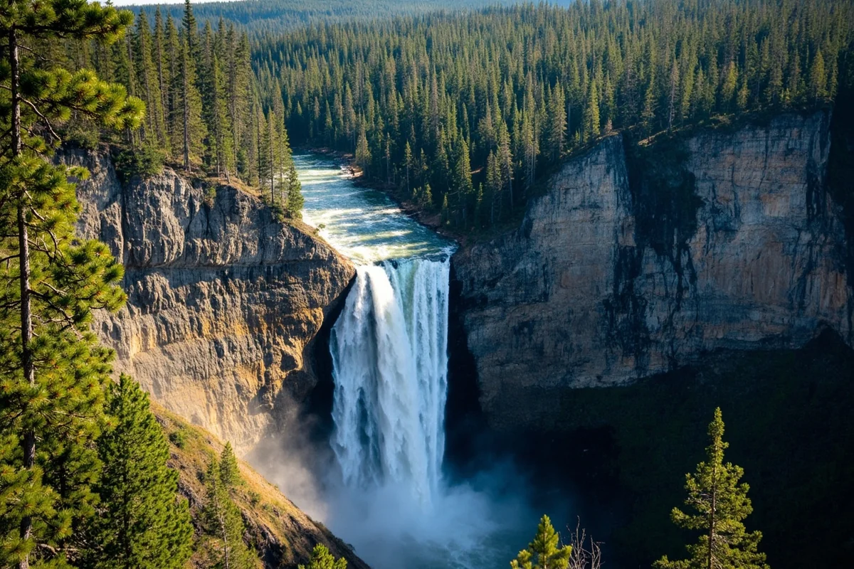 Panoramic view of Gros Ventre Falls cascading down rocky cliff face with evergreen forest framing the scene