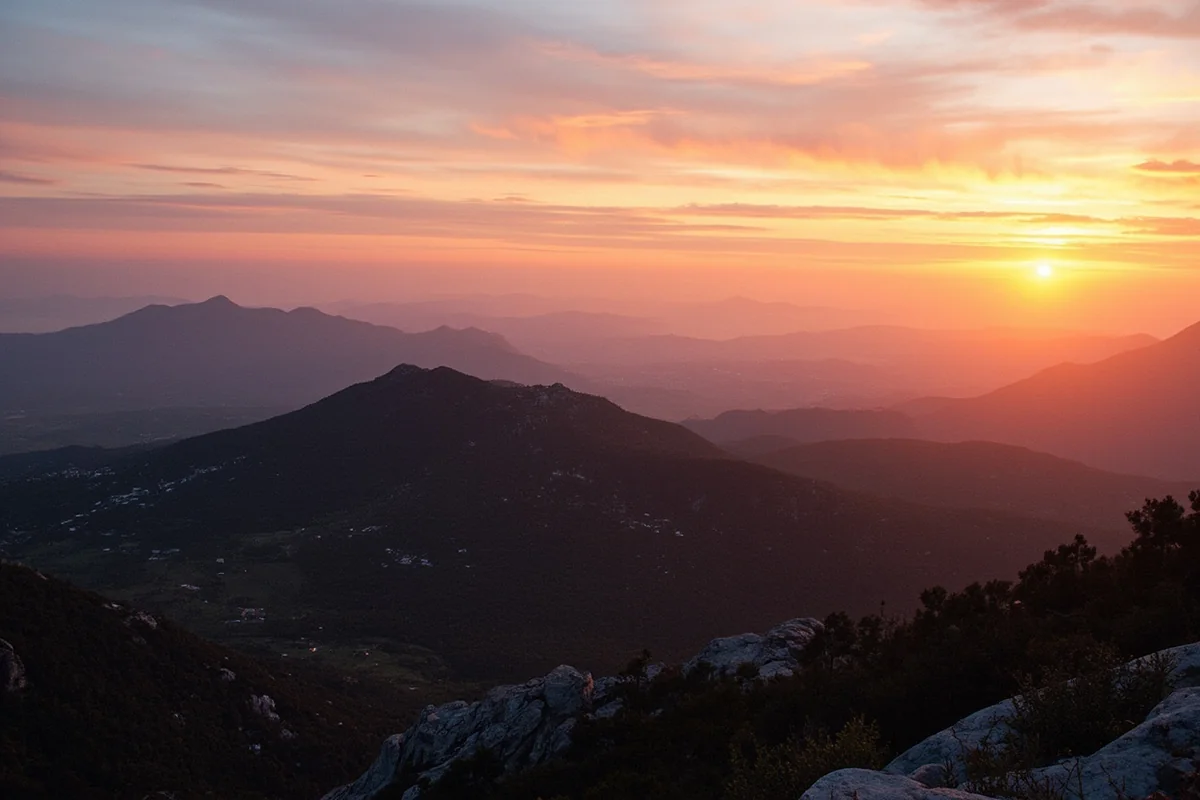 Panoramic view of Helena at sunrise from Mount Helena summit, showing the Cathedral of St. Helena and surrounding mountains