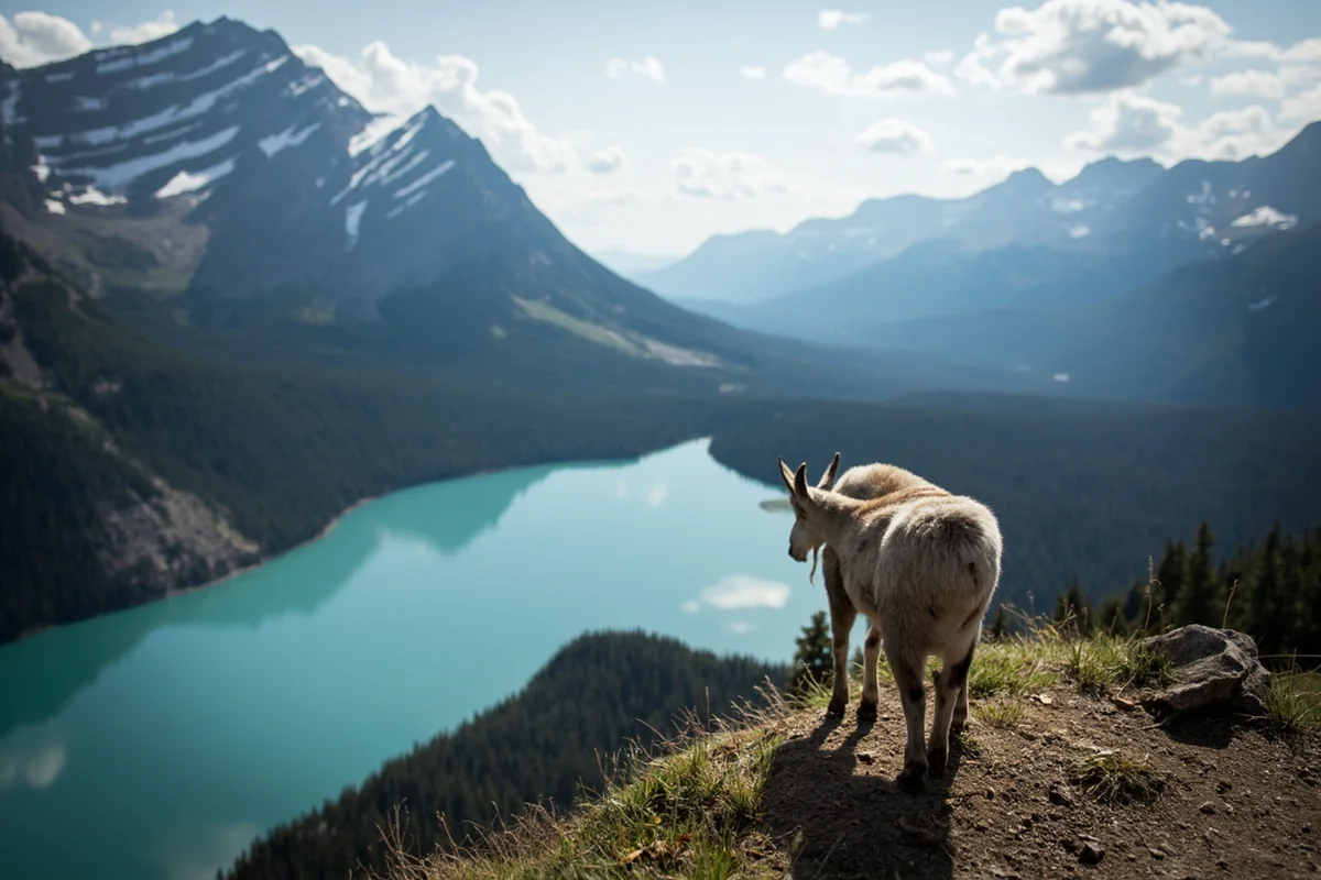 Panoramic view of Hidden Lake with mountain goat in foreground and surrounding peaks