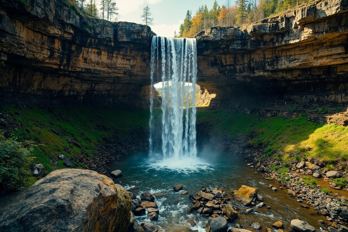 Panoramic view of Hole In The Wall Falls cascading through a natural rock opening in the cliff face