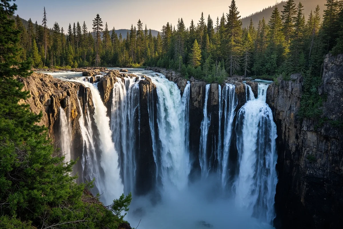 Panoramic view of Hoodoo Cascade Falls with multiple tiers visible cascading down rocky cliff face