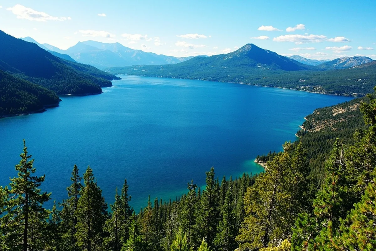 Panoramic view of Hyalite Reservoir with forested slopes and mountain peaks in background