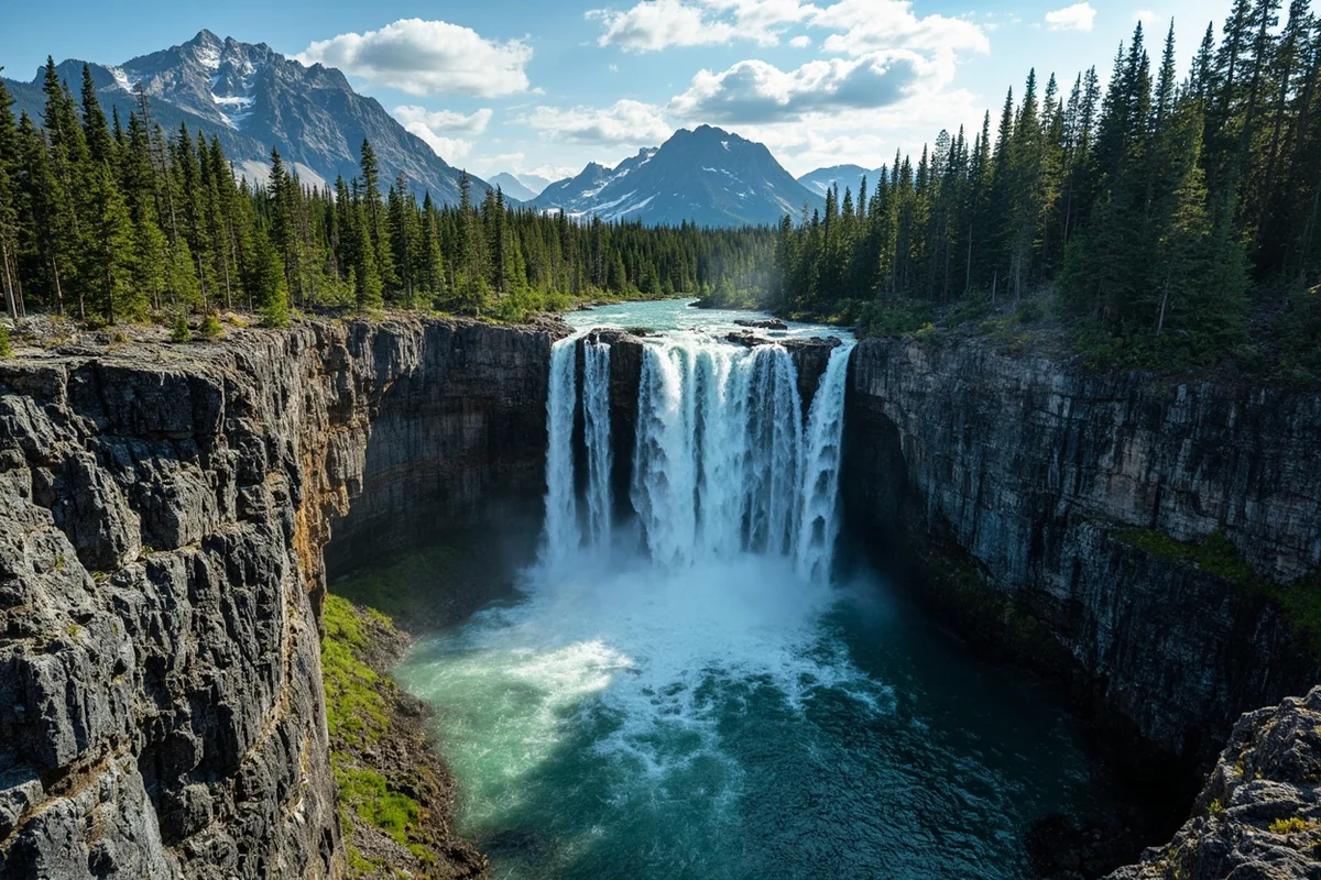 Panoramic view of Impasse Falls cascading down rocky cliffs in Glacier National Park