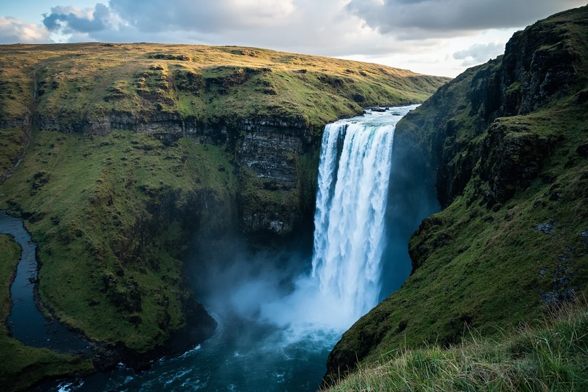 Panoramic view of Ipasha Falls cascading down rocky cliff face with surrounding alpine terrain