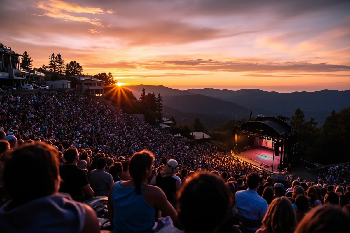 Panoramic view of KettleHouse Amphitheater at sunset with crowd and mountain backdrop