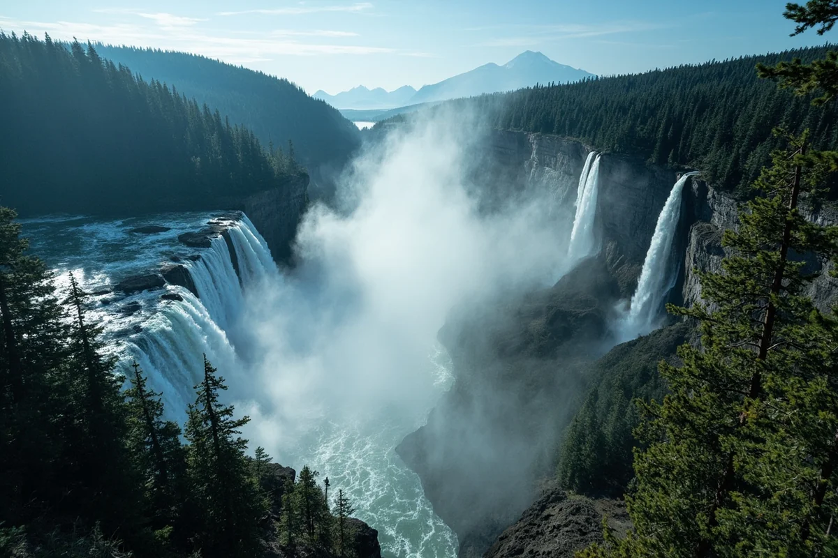 Panoramic view of Kootenai Falls with mist rising from the cascades and forested cliffs on either side