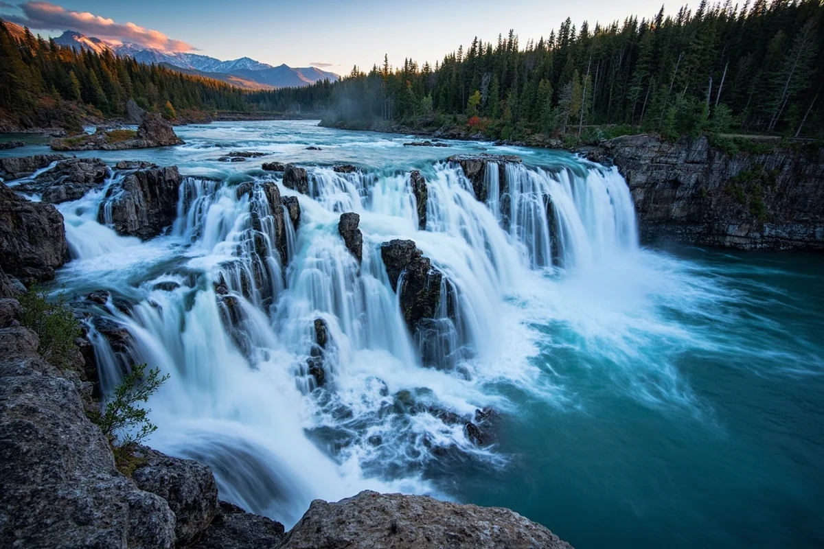Panoramic view of Kootenai Falls with multiple cascades flowing over layered rock formations