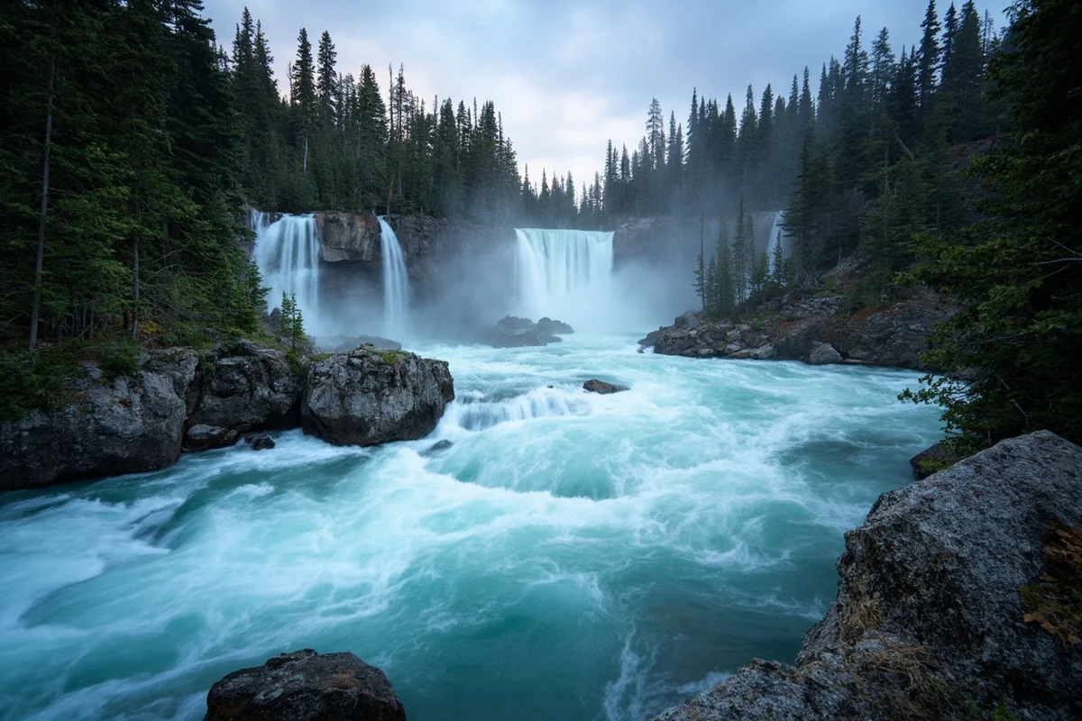 Panoramic view of Kootenai Falls with rushing white water cascading over rocky ledges, evergreen forest framing both sides